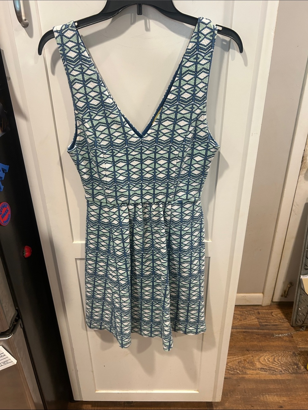 Maeve Blue and White Geometric V-Neck Fit & Flare Dress